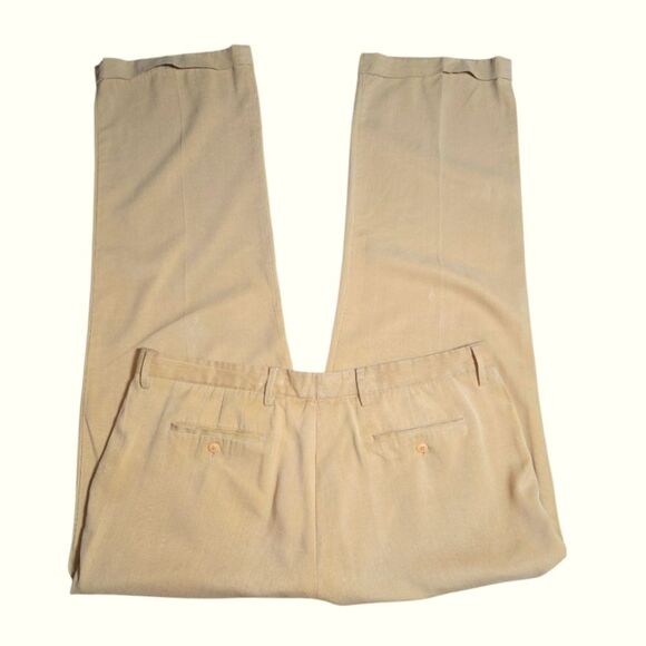 Bugatchi VTG Golden Khaki Silk & Linen Pleated Front Cuffed Trousers Size 40X32 - Picture 5 of 10